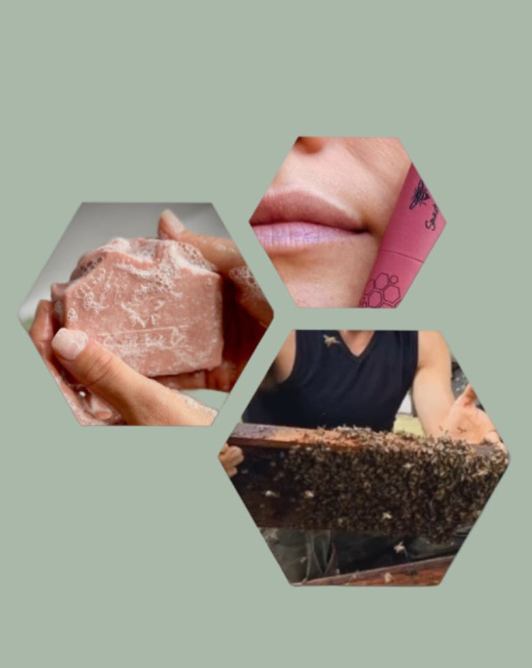 Hexagonal collage of a person holding a pink object against a light green background