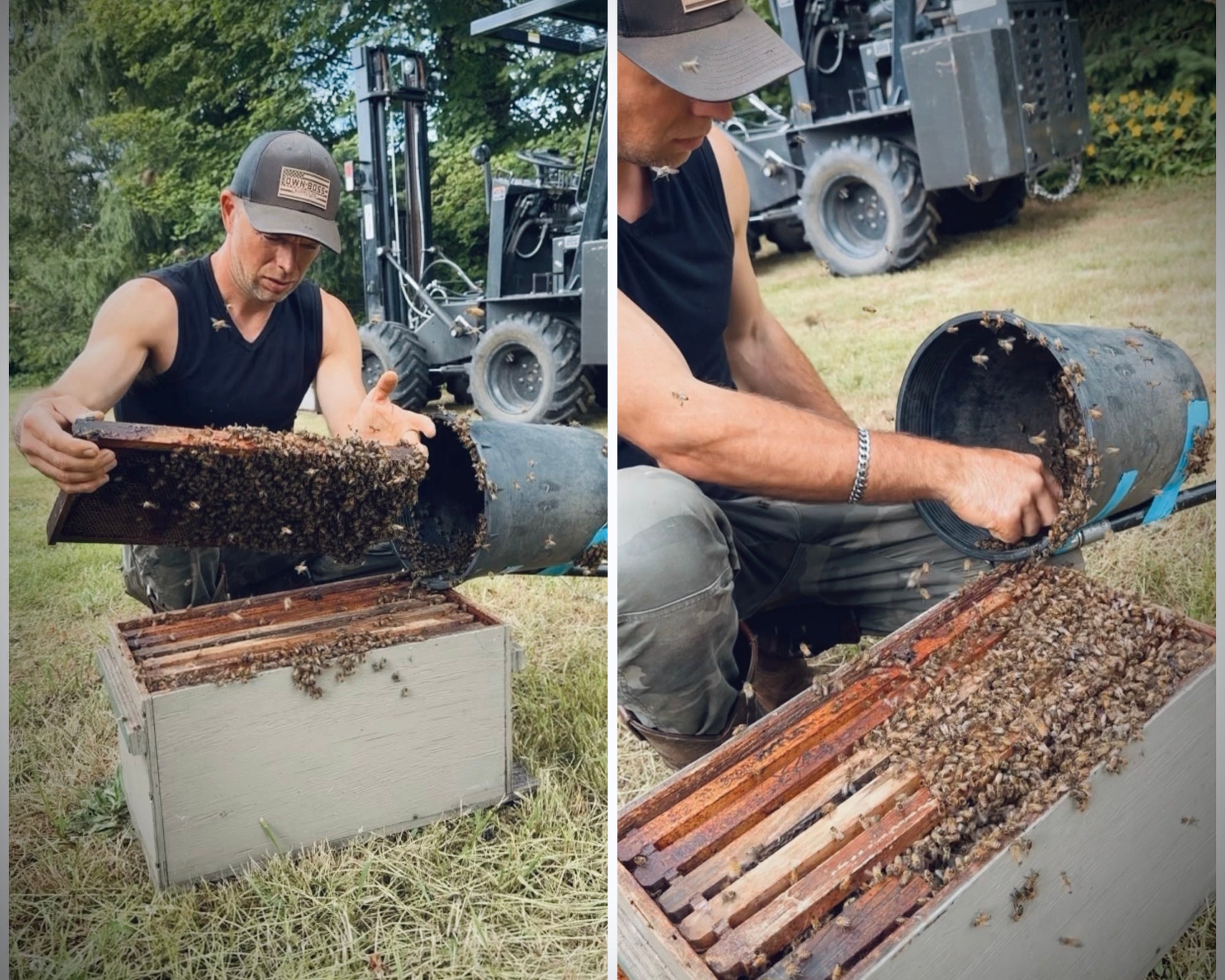 Man working with beekeeping equipment in an outdoor setting