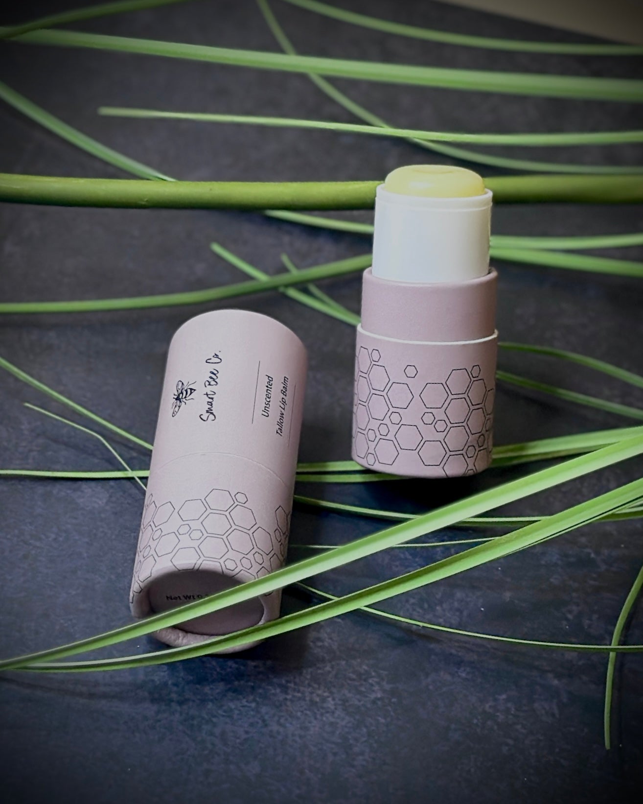 Two cylindrical lip balm containers with a hexagonal pattern on a dark surface with green leaves.